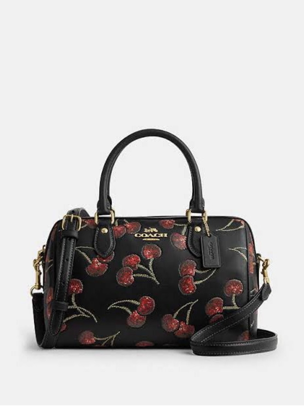 NWT COACH Medium Rowan Black Leather Cherry Print Satchel Crossbody